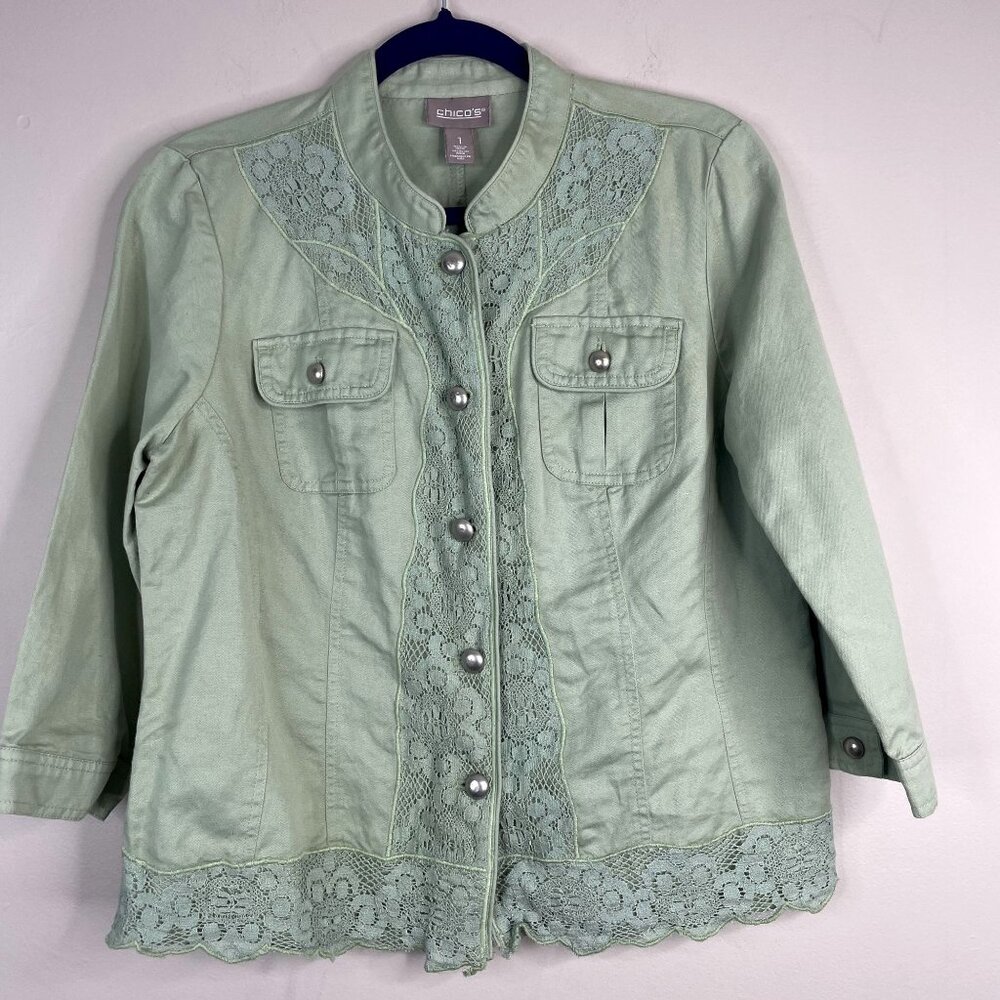 Chicos Button Up Jacket Medium Feminine Lace Trim Linen Blend 3/4 Sleeve Travel